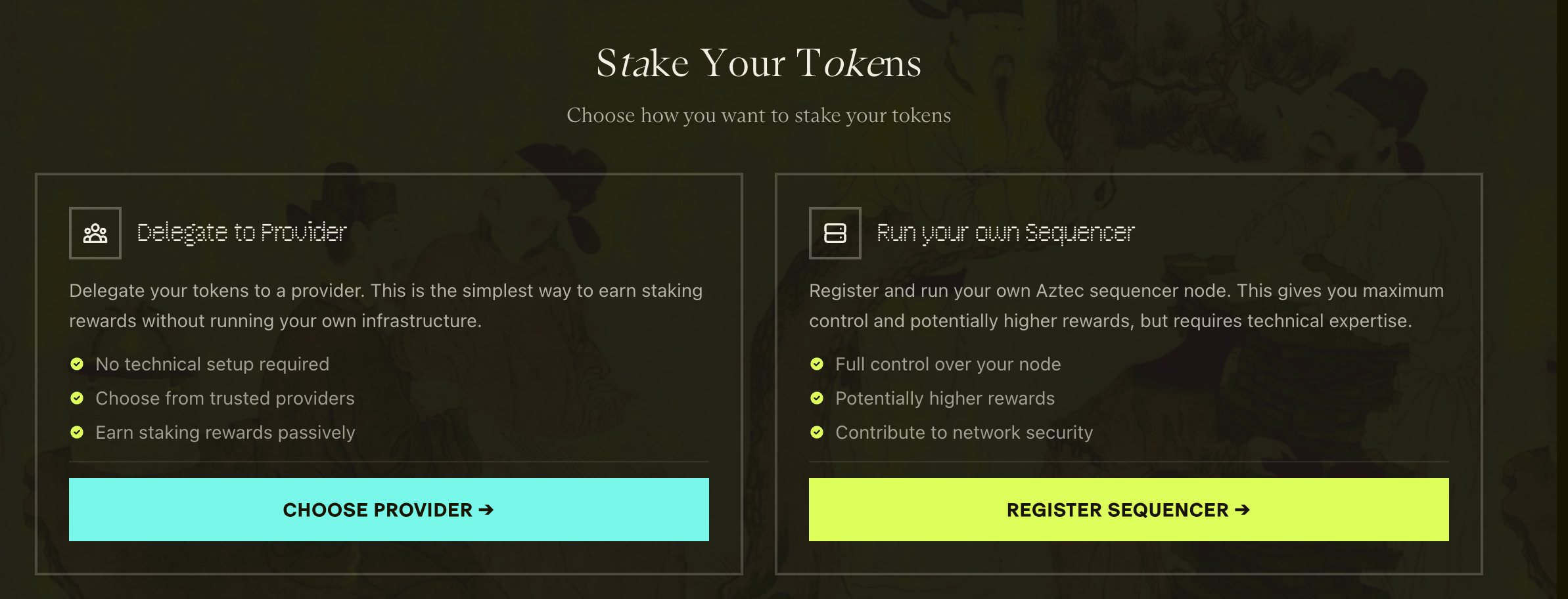 Stake tab showing delegate and self-stake options
